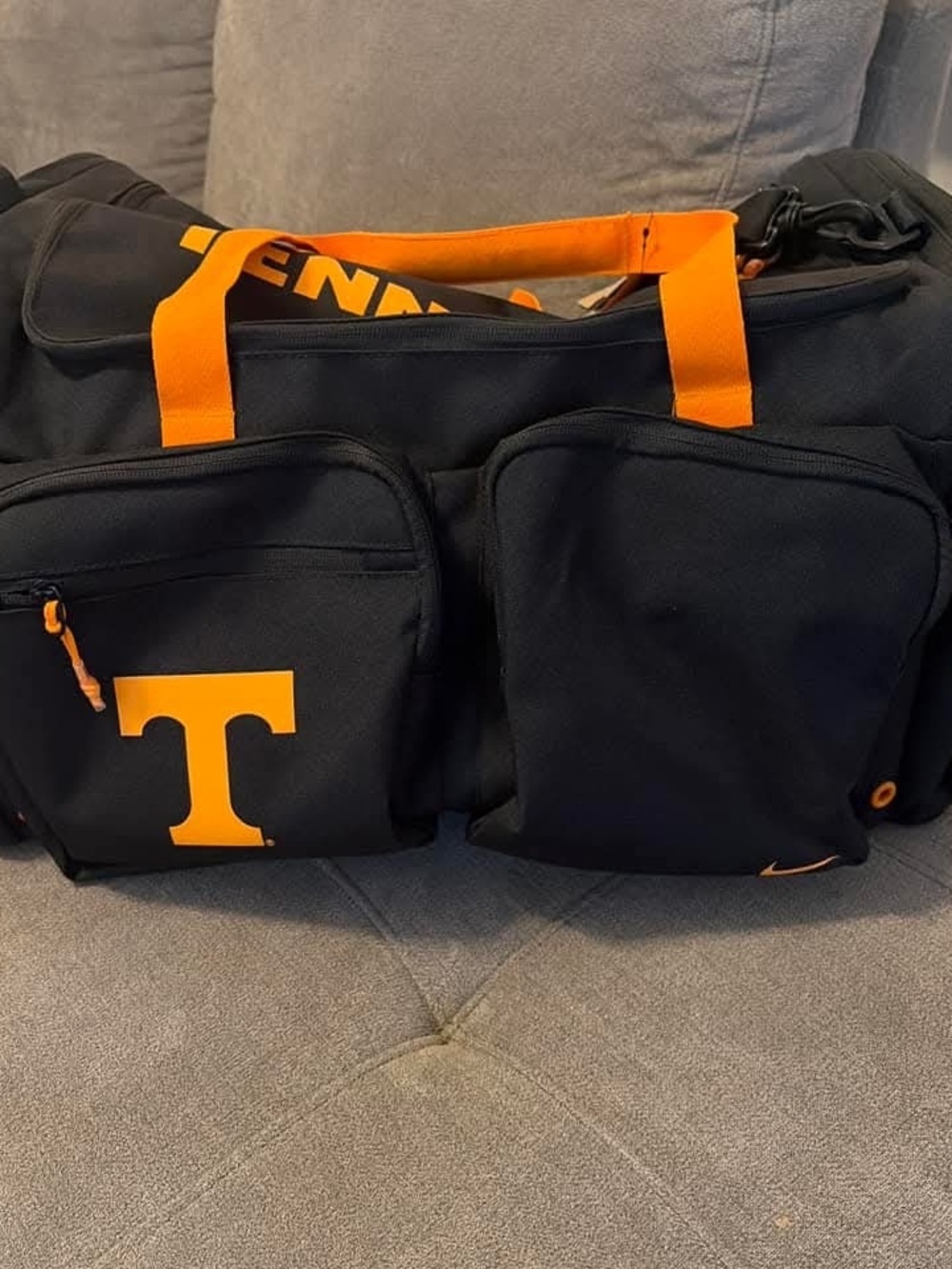 Nike Black Duffle with Bright Orange Handles & T Logo